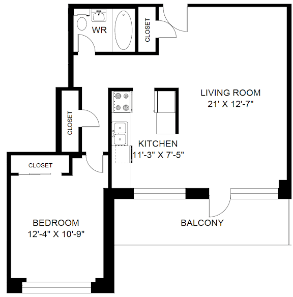 A black and white image of a floor plan for a living room, kitchen, and bedroom.