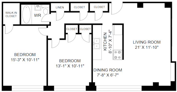 A black and white image of a floor plan for a home with a living room, two bedrooms, a dining room, and a kitchen.