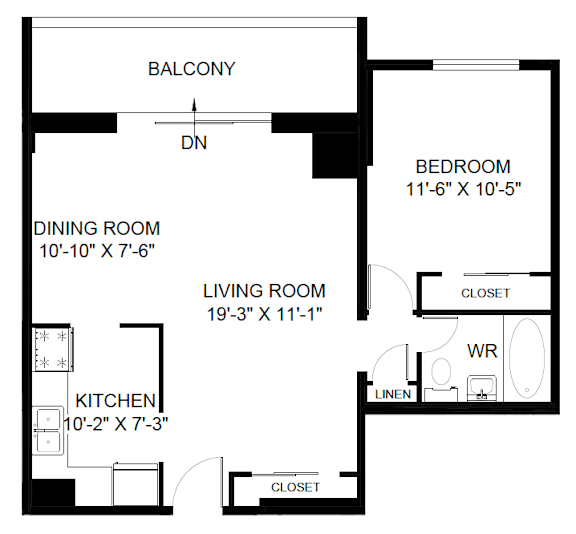 A black and white image of a floor plan for a house with a balcony, bedroom, dining room, living room, and kitchen.