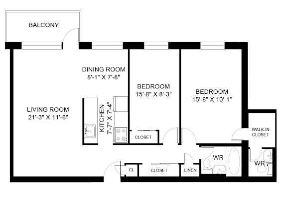 A floor plan of a home with a living room, dining room, two bedrooms, a kitchen, and a balcony.