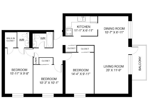 A black and white image of a floor plan for a house with a living room, dining room, kitchen, and three bedrooms.