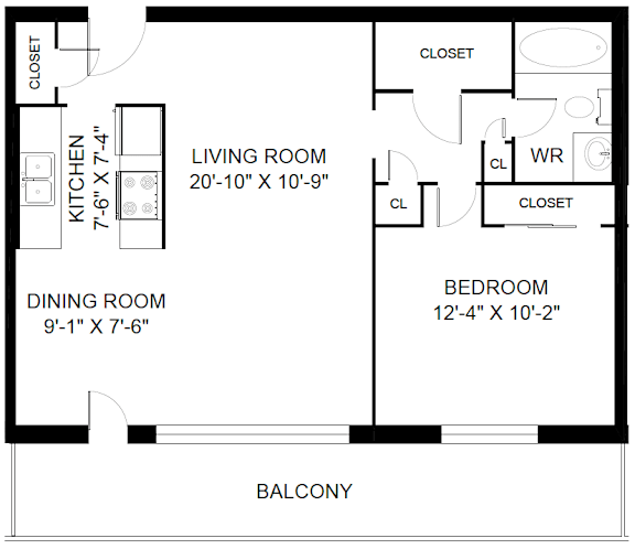 A black and white image of a floor plan for a small apartment.
