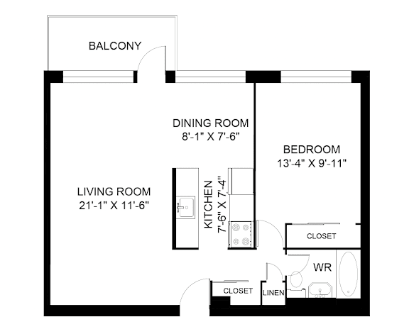 A floor plan of a small apartment with a living room, dining room, bedroom, and kitchen.