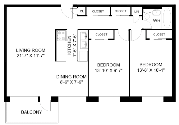 A black and white image of a floor plan for a home with a living room, dining room, kitchen, and two bedrooms.