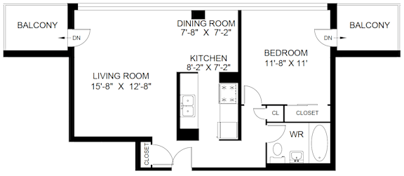 A floor plan of a home with a living room, dining room, kitchen, and two bedrooms.