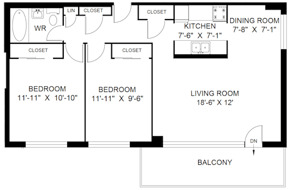 A floor plan of a living space with a kitchen, dining room, and two bedrooms.