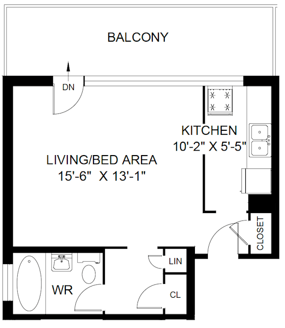 A black and white drawing of a house layout with a living/bed area and kitchen.