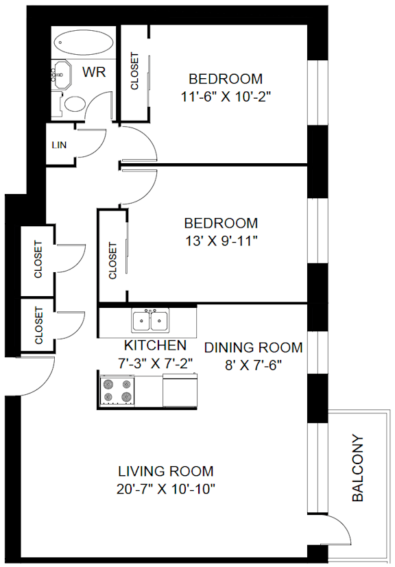 A floor plan of a small apartment with a living room, two bedrooms, a kitchen and a dining room.
