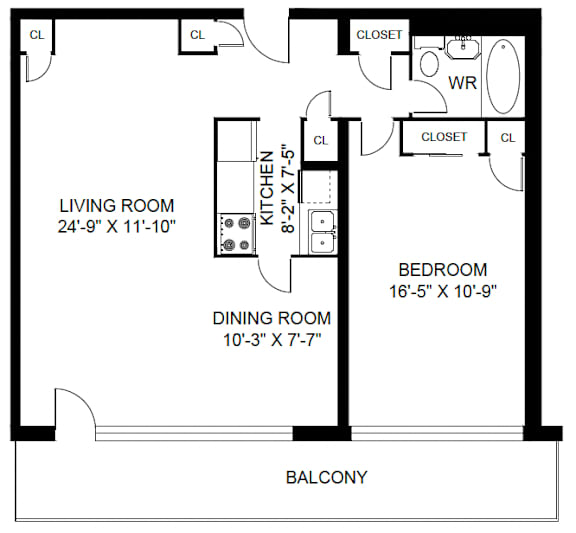 A black and white image of a floor plan for a living space.