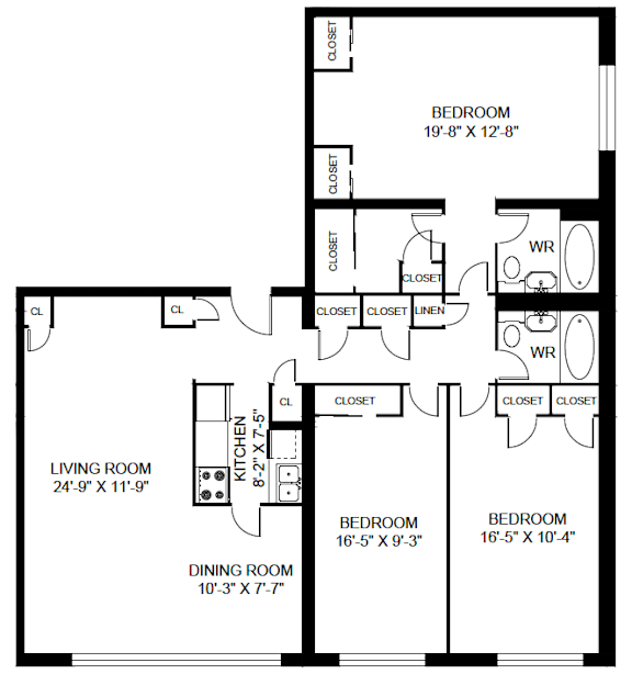 A black and white image of a floor plan for a home with a living room, dining room, kitchen, and three bedrooms.