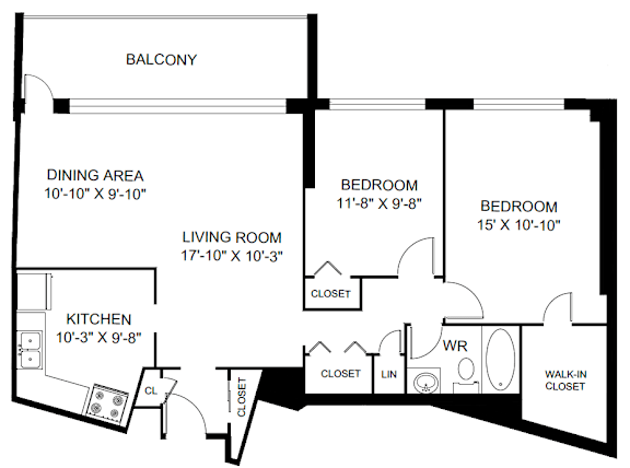 A black and white image of a floor plan for a home with a balcony, two bedrooms, a living room, a dining area, a kitchen, a walk-in closet, and a workroom.