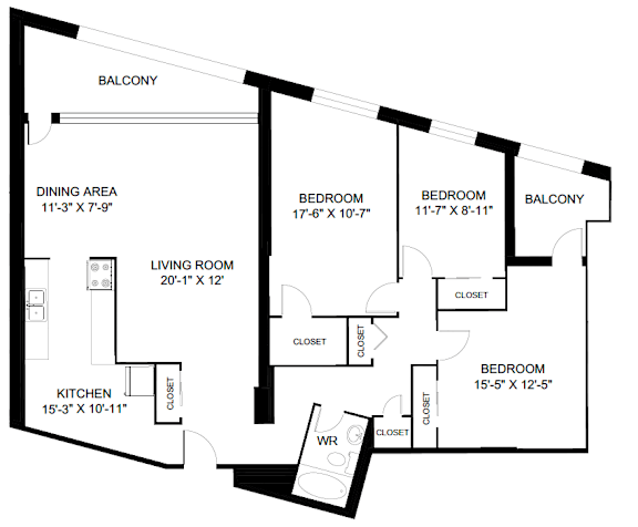 A black and white image of a house floor plan with a balcony, dining area, living room, kitchen, and four bedrooms.