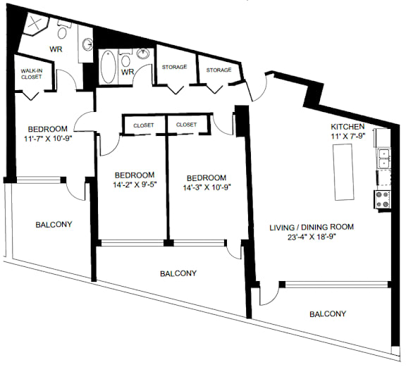 A black and white image of a floor plan for a home with four bedrooms, two bathrooms, a living room, a kitchen, a balcony, and a walk-in closet.