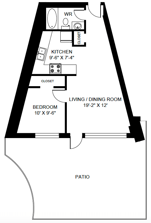 A floor plan of a home with a kitchen, living room, bedroom, and patio.