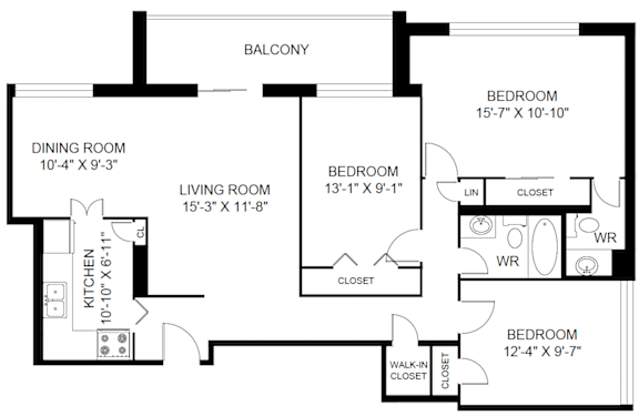 A floor plan of a home with a living room, dining room, kitchen, and three bedrooms.