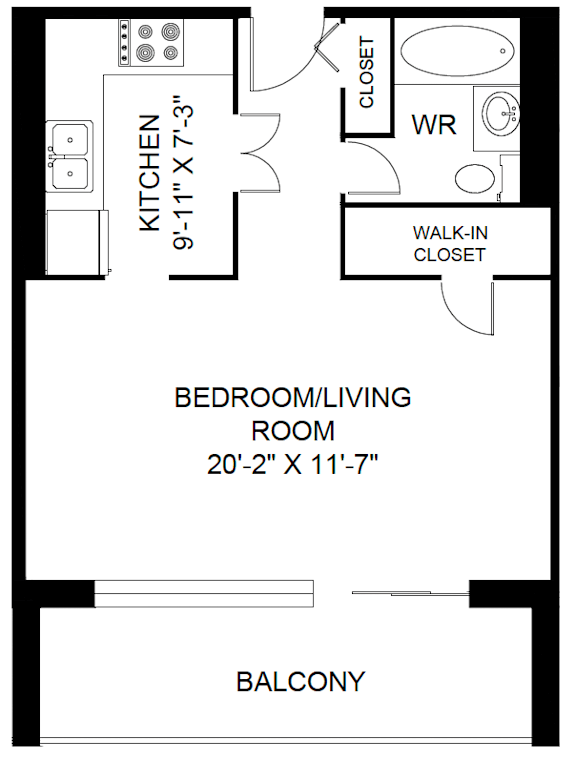 A black and white image of a floor plan for a bedroom/living room with a kitchen and walk-in closet.