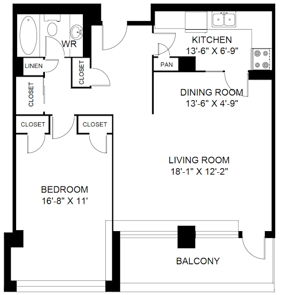 A black and white floor plan of a house with a kitchen, dining room, living room, bedroom, and balcony.