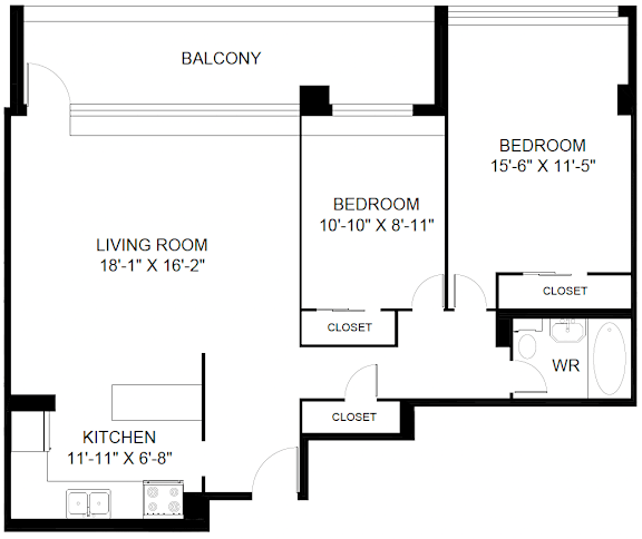 A black and white image of a floor plan for a home with a living room, kitchen, two bedrooms, and a balcony.