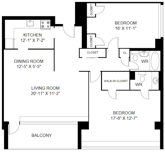A black and white image of a floor plan for a home with a living room, dining room, kitchen, and two bedrooms.
