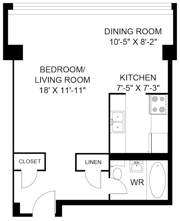 A black and white image of a floor plan for a small apartment.