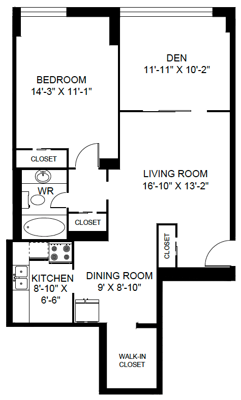 A black and white image of a floor plan for a one bedroom apartment.