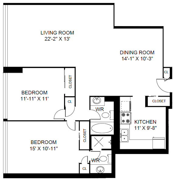 A black and white image of a floor plan for a home with a living room, dining room, kitchen, and three bedrooms.