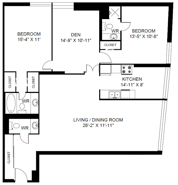A black and white image of a floor plan for a home with a living room, dining room, kitchen, and two bedrooms.