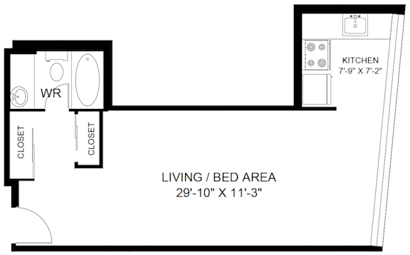 A floor plan of a small apartment with a living area, kitchen, and two closets.