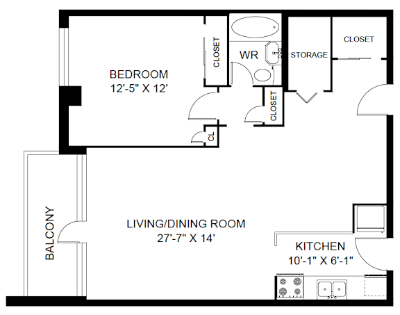 A black and white image of a floor plan for a living space.
