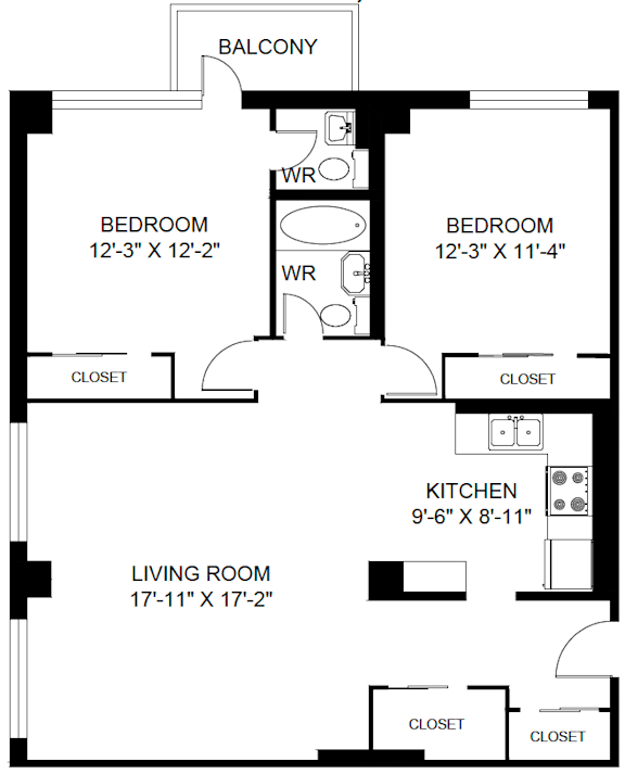 A black and white image of a floor plan for a home with a balcony, two bedrooms, a living room, a kitchen, and three closets.