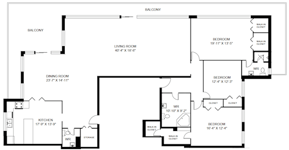 A black and white image of a floor plan for a home.