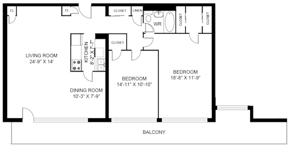 A black and white image of a floor plan for a home with a living room, dining room, kitchen, and two bedrooms.