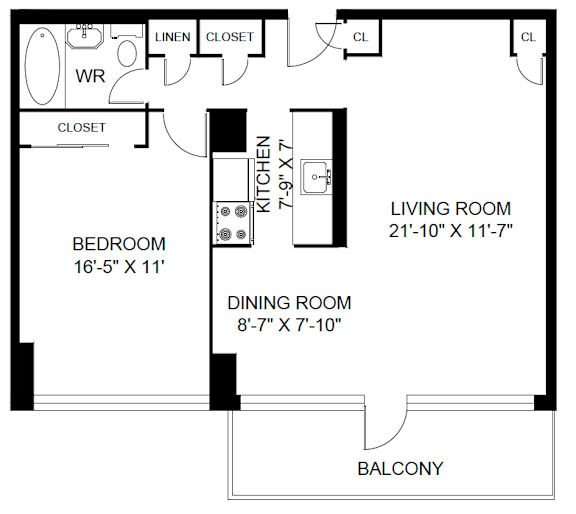A black and white image of a floor plan for a living room, bedroom, dining room, and balcony.