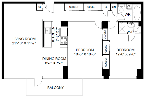 A black and white image of a floor plan for a home with a living room, dining room, kitchen, and two bedrooms.