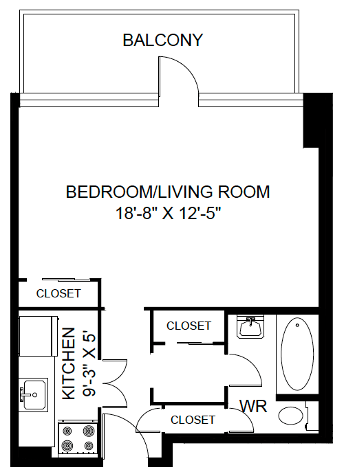 A black and white image of a floor plan for a bedroom/living room.