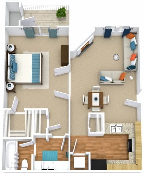 One bedroom floorplan, a living room, a kitchen, and a bathroom.