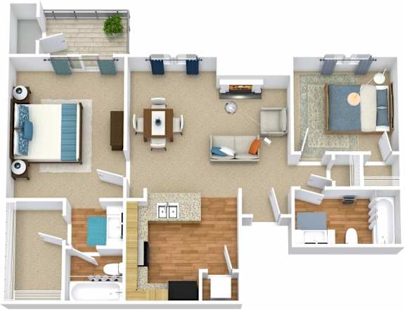 A top down view of a house interior with a kitchen, living room, and bedrooms.