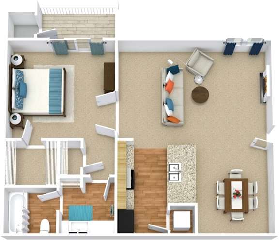 A top-down view of a 1 bedroom floorplan with a living room and dining area with furniture and decor.