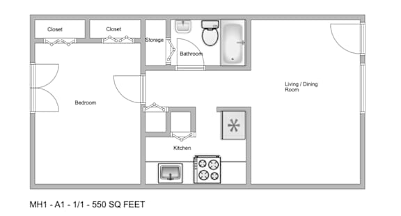 a floor plan of a studio apartment with a bedroom and a living room