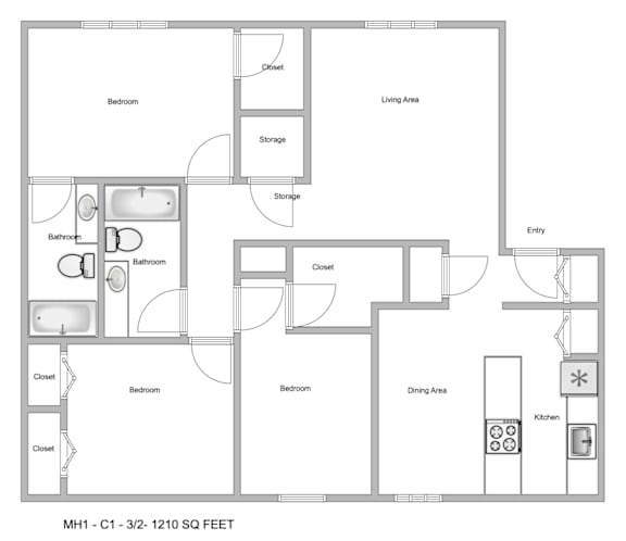 a typical floor plan of a 1 bedroom apartment