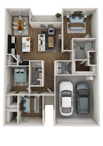 a 3d rendering of a floor plan with cars and a garage