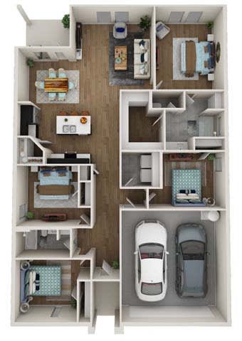Floor Plan  a 3d rendering of a floor plan with cars and a garage