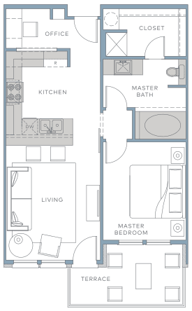 a floor plan of a small apartment with a bedroom and a bathroom