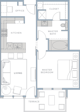 a floor plan of a small apartment with a bathroom and a bedroom