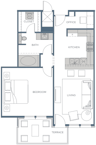the floor plan of a small house with a bathroom and a kitchen