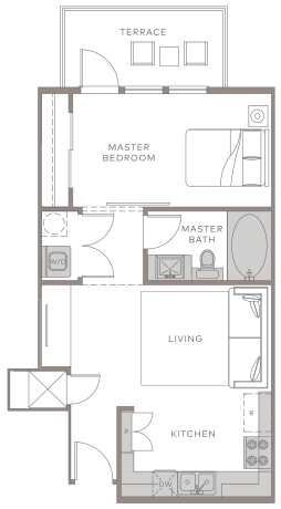 a floor plan of a small apartment with a bathroom and a bedroom