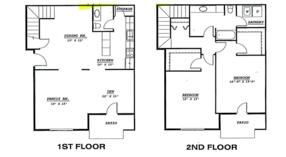 the second floor floor plan of a town house with two bedrooms and two bathrooms