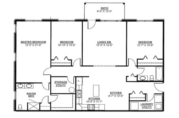 a floor plan of a house with three bedrooms and a living room and a kitchen