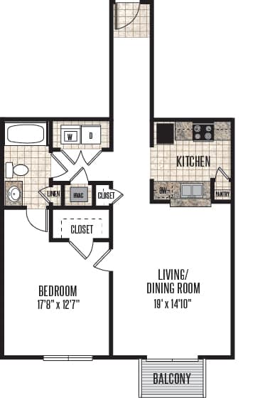 A floor plan of a home with a bedroom, living/dining room, kitchen, and balcony.