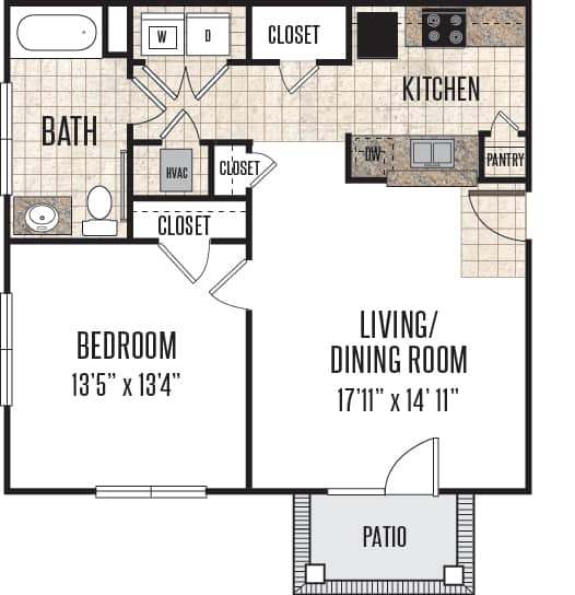 A floor plan of a small apartment with a bedroom, living/dining room, kitchen, and bathroom.